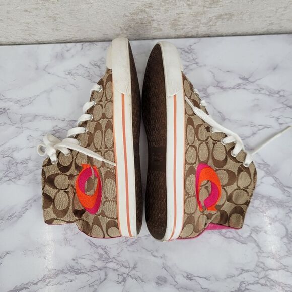 Coach Women's High Top Sneakers Brown Logo Canvas and Pink Embroidery - Picture 12 of 16